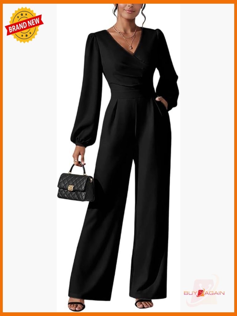 Dressy V-Neck Long Sleeve Wide Leg Jumpsuit With Pockets